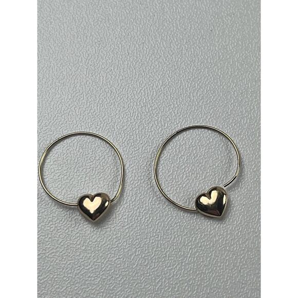 14L Yellow Gold Puffy Heart Hoop Pierced Earrings Lightweight .5g - Picture 8 of 11